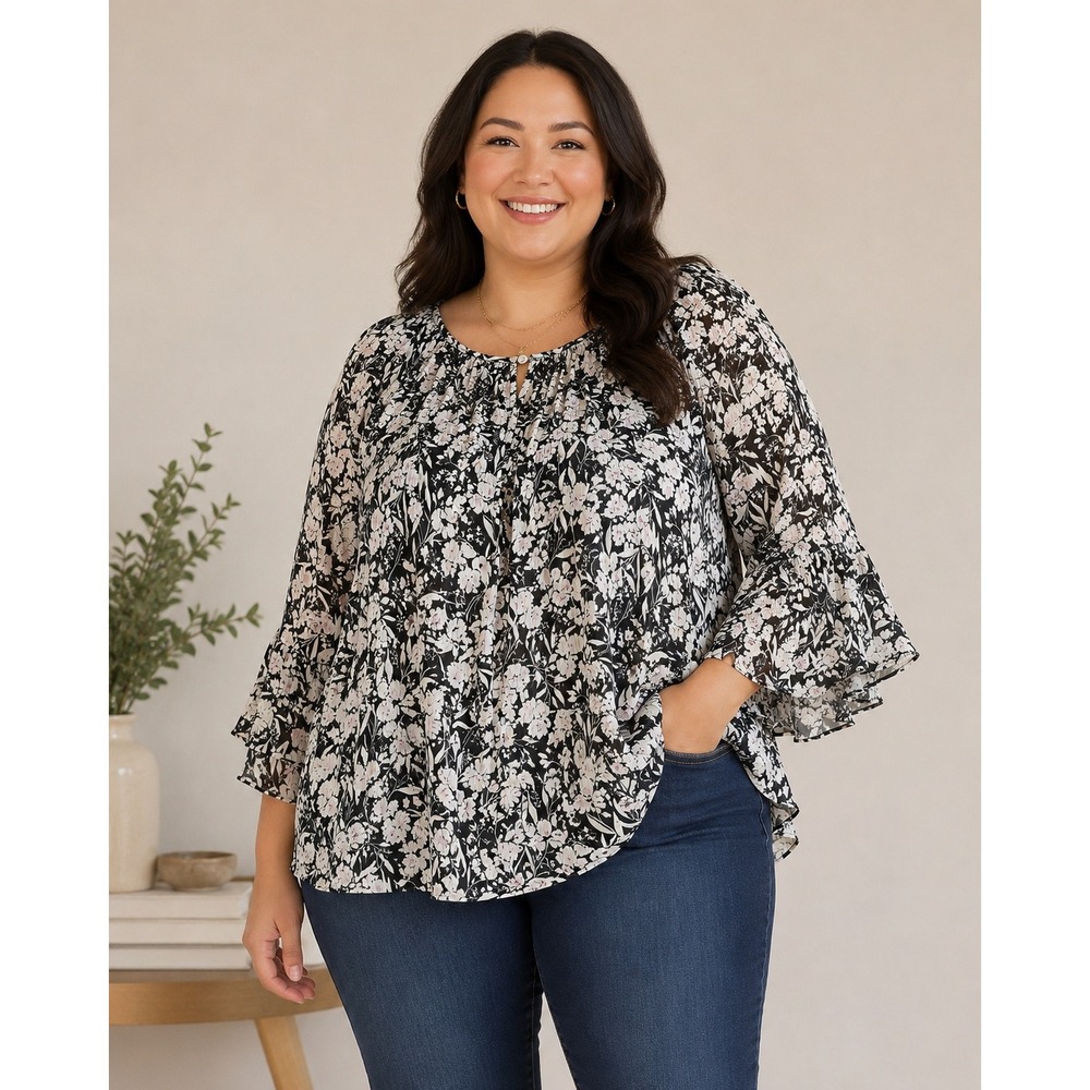 Chaps Floral Peasant Chiffon Top Womens 2X Black White Bell Sleeve Ruffle Blouse